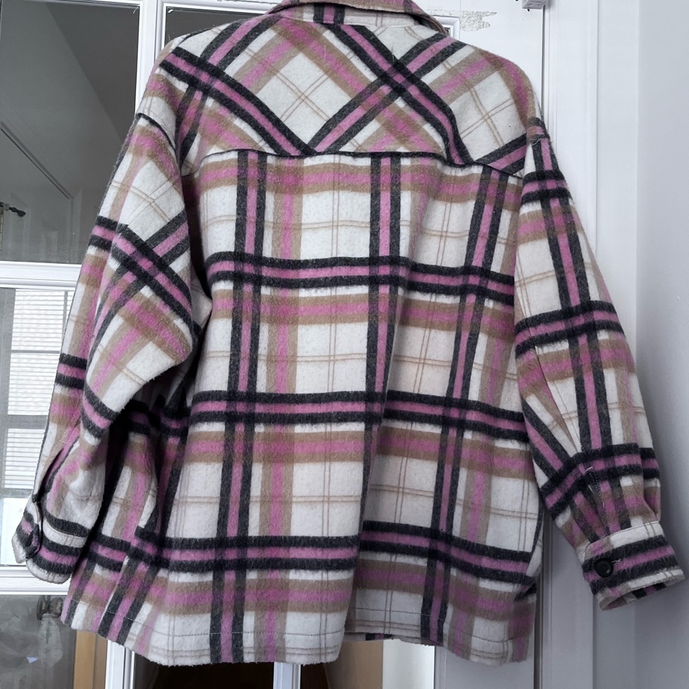 ZARA Plaid Shacket Jacket Pink Cream Black Overshirt Size M Wool Blend - Picture 4 of 5